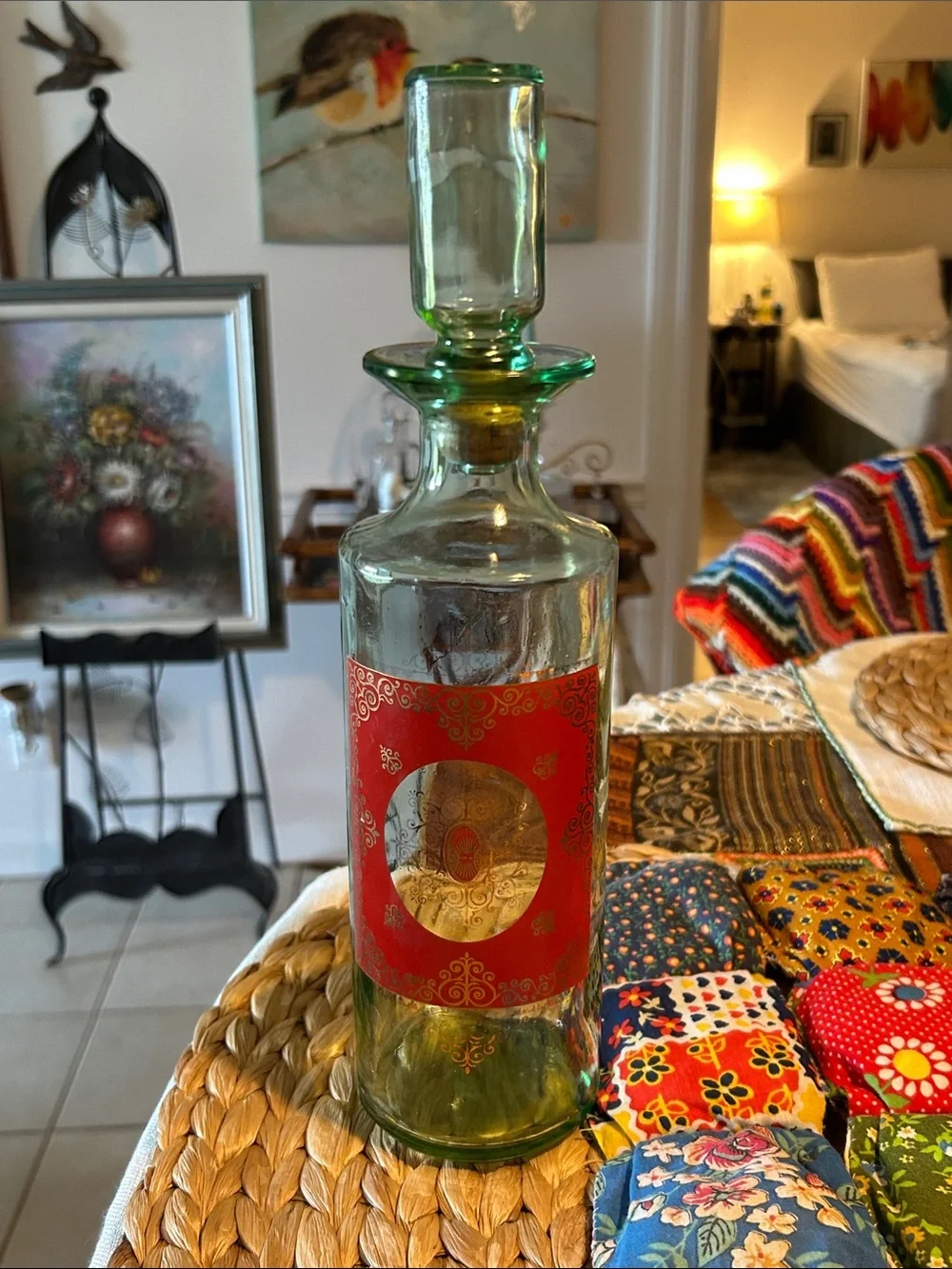 Vintage 1960’s Old Fitzgerald Venetian Green Glass Bourbon Decanter Bottle